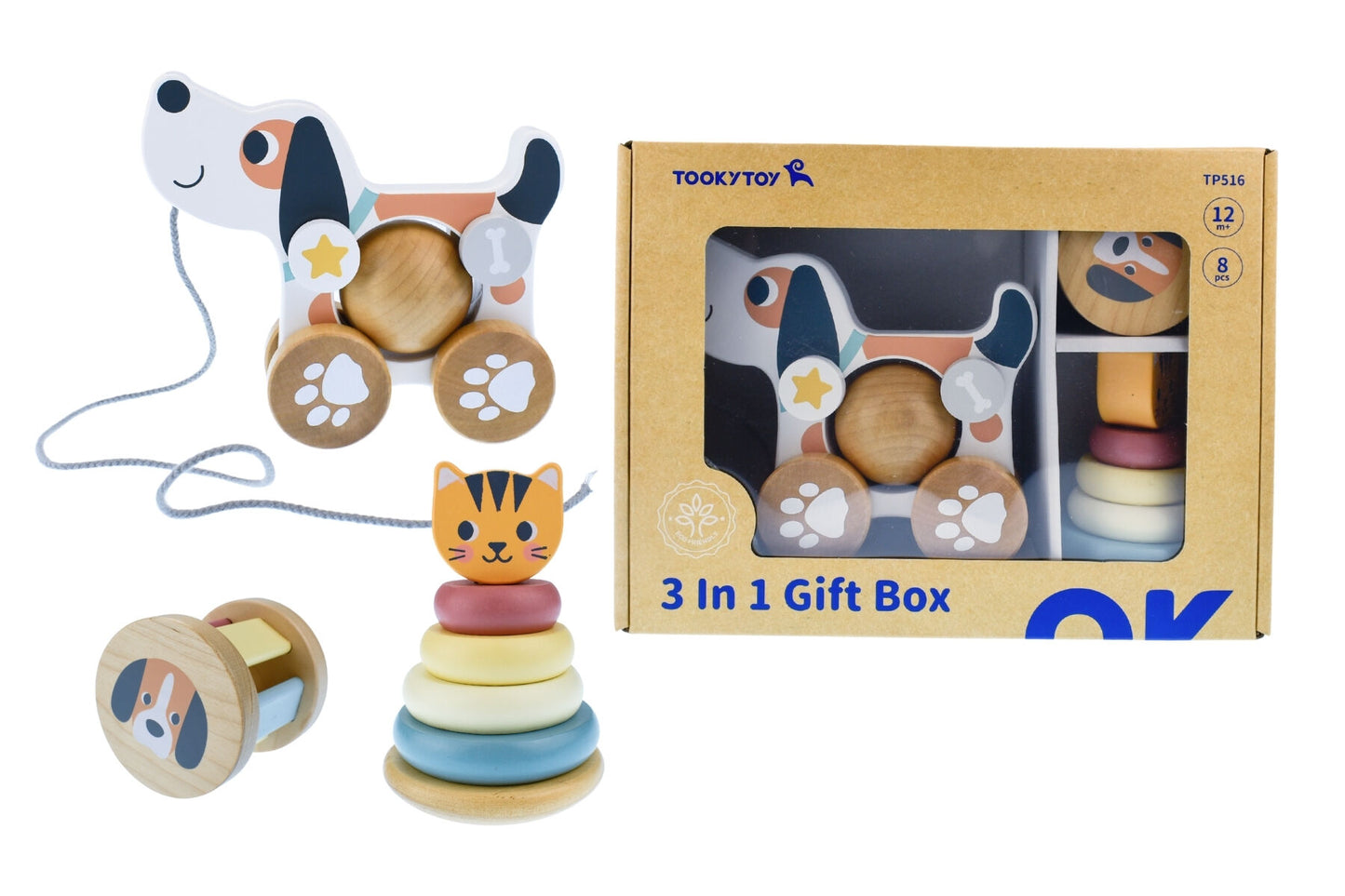 3 IN 1 Wooden baby gift box - Cat & Dog