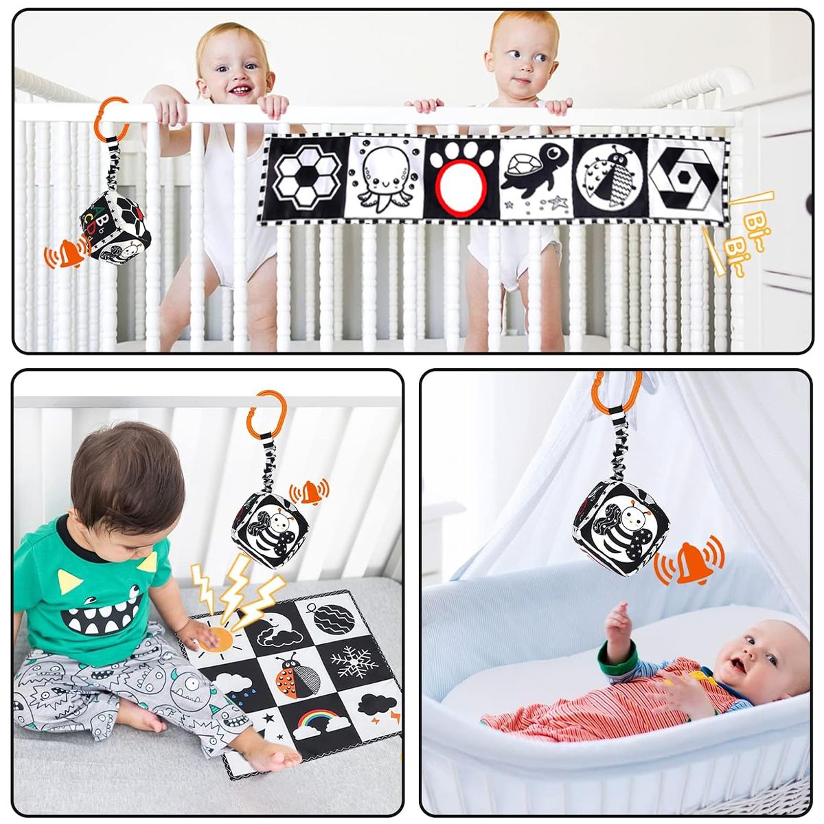Baby Double-Sided Black and White Cloth Book Bedside Hanging Toy Set of 3