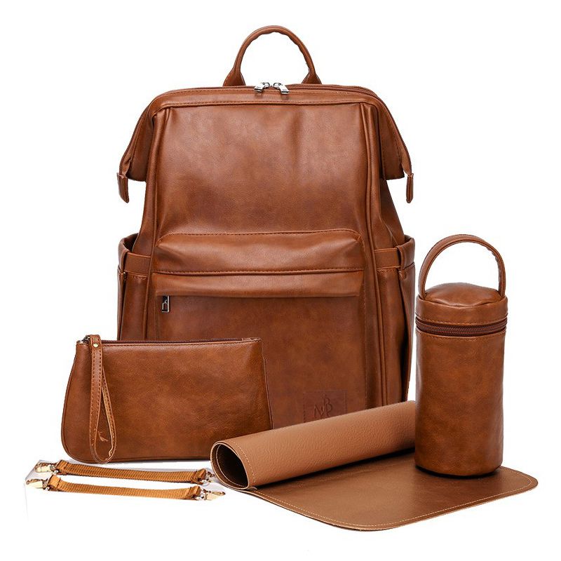 Leather Nappy Diaper Backpack with Accessories - Brown