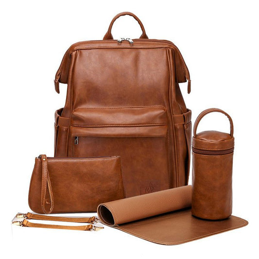 Leather Nappy Diaper Backpack with Accessories - Brown