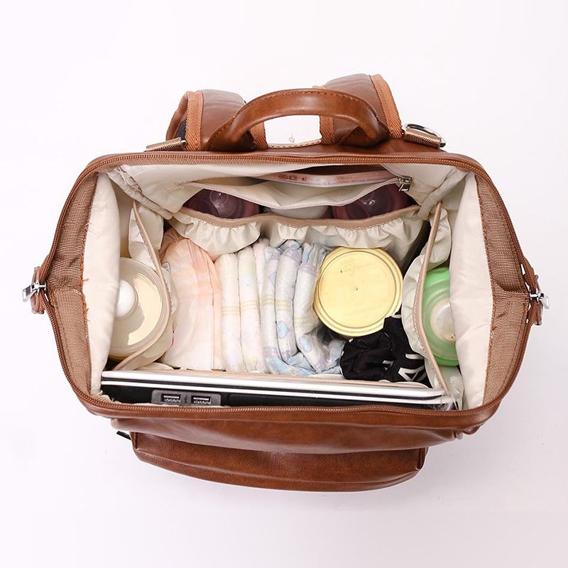 Leather Nappy Diaper Backpack with Accessories - Brown