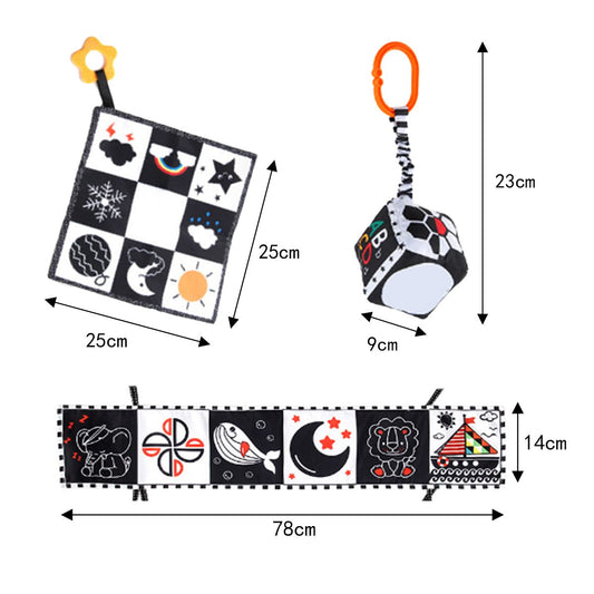 Baby Double-Sided Black and White Cloth Book Bedside Hanging Toy Set of 3